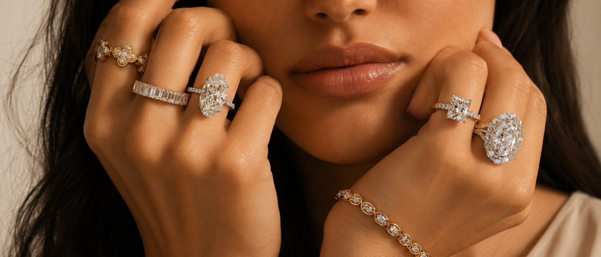 Lab grown diamond rings - oval solitaire, halo, and eternity bands in gold, handcrafted by Shreeji Diamonds